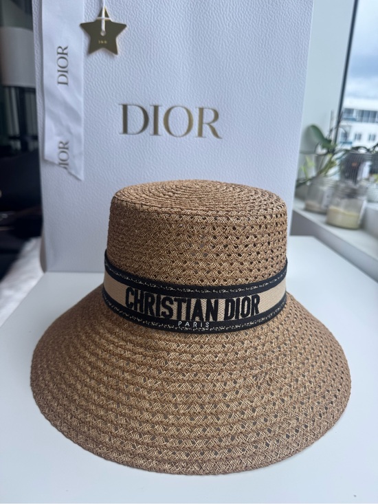 Dior Accessories - Dior Tan Straw Bucket Hat with Black Logo Band